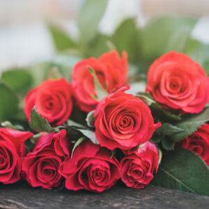 Photo of red roses on wooden banister