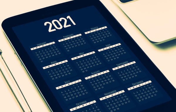 Mobile device with 2021 calendar agenda.