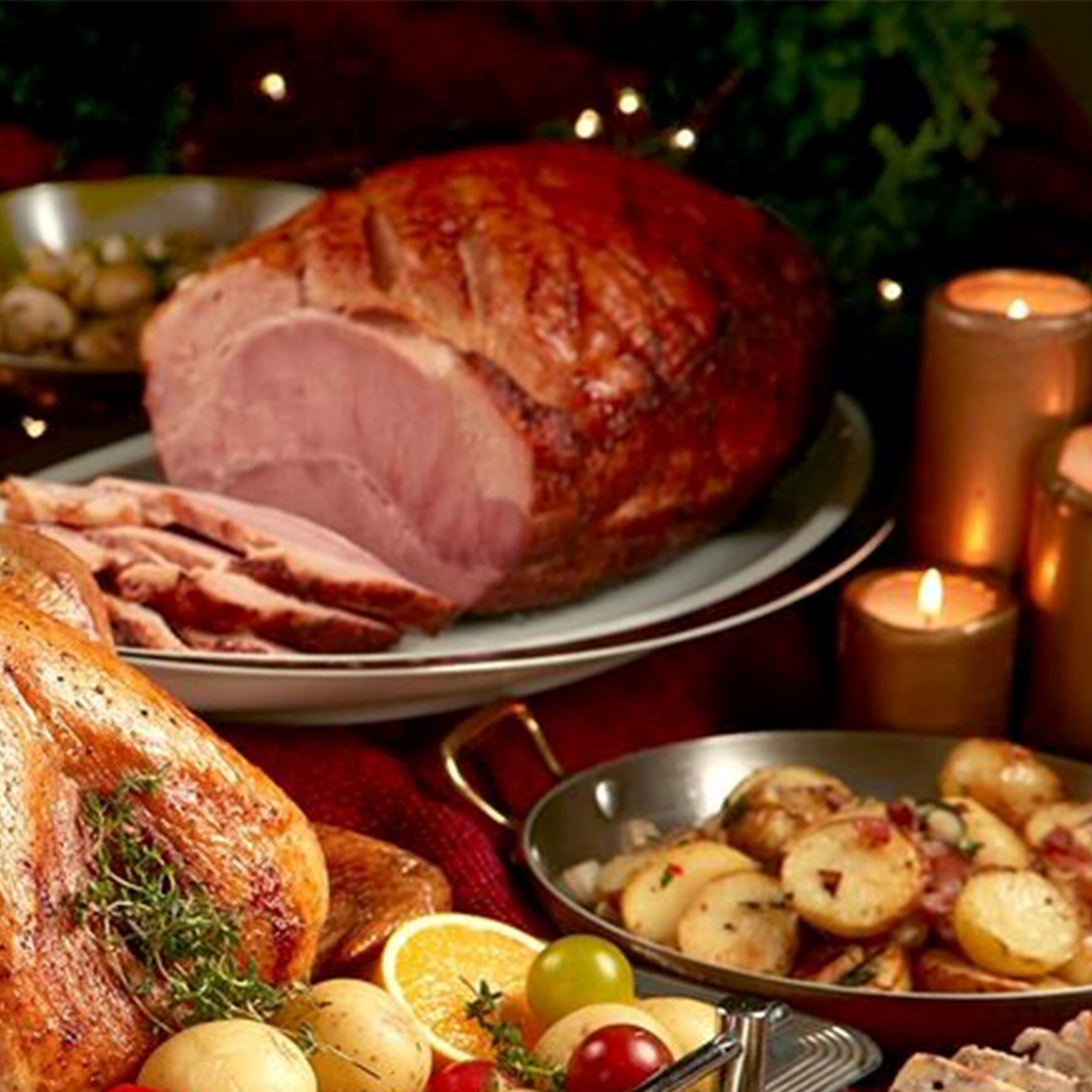 CousActual item may vary from image shownains-Ham-Dinner-square Photo of ham dinner served with side dishes.